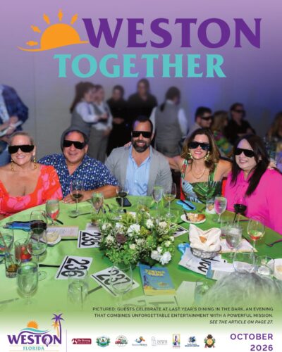 Weston Together October 2026 cover: guests in blindfold sunglasses at Dining in the Dark