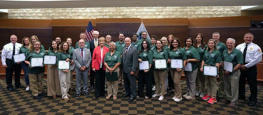 Weston CERT graduates with city and fire officials at the September 28, 2026 City Commission meeting. Photo: City of Weston