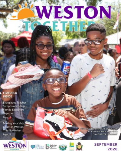 Weston Together September 2026 cover: students with new shoes at Lace Up for Learning